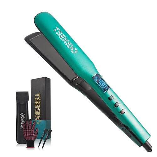 TSEKIDO Flat Iron Hair Straightener, Professional 2 in 1 Straightening and Curling Ceramic Titanium Flat Iron with Dual Voltage, Digital LCD 480℉ Fast Heating Hair Iron(1.5 inch Plate)