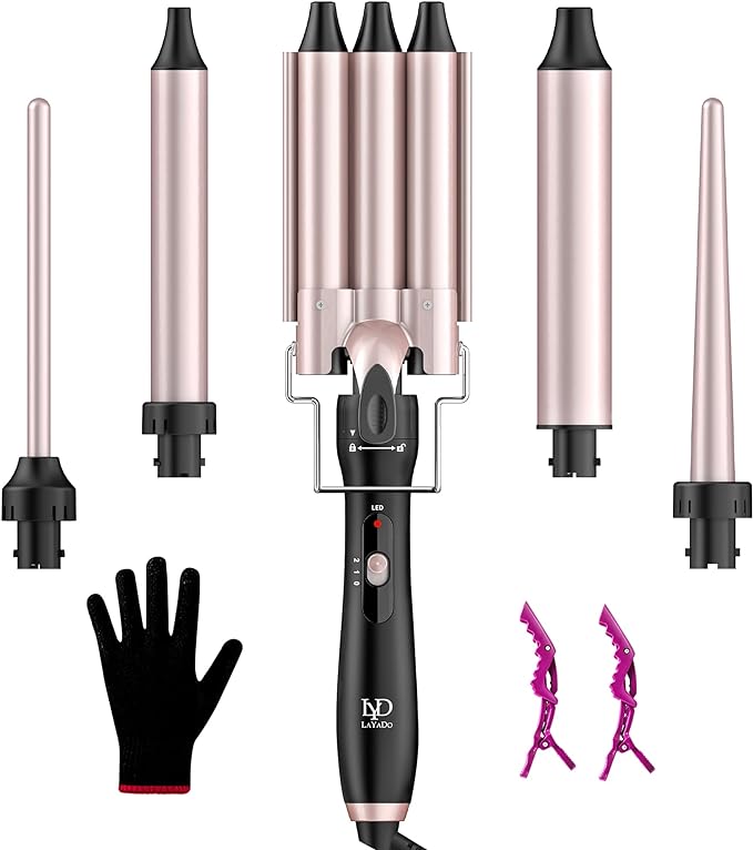 LAYADO 5 in 1 Curling Iron Set, Curling Wand with 3 Barrel Curling Iron Hair Crimper and 4 Interchangeable Ceramic Wand Curling Iron 0.35