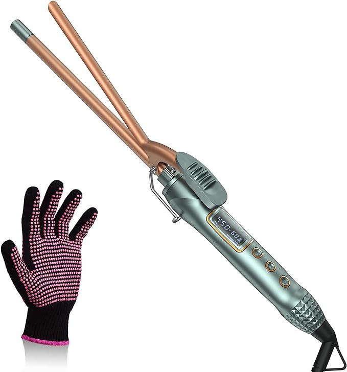 Elilier 3/8 Inch Small Curling Iron, 9mm Tiny Curling Iron Wand Barrel for Medium Long Hair, Ceramic Skinny Long Barrel Curling Iron w LCD Display, Curling Wand w Heat Glove for Styling, Tight Curls