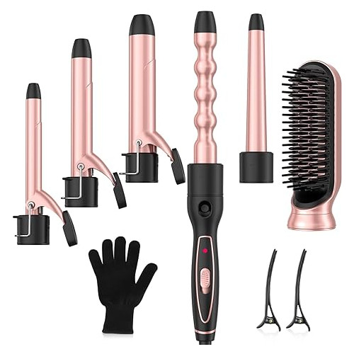 Curling Iron Set, Professional 6 in 1 Curling Wand with Hair Straightener Brush, Dual Voltage Curler Wave Wand with Ceramic Barrel, Instant Heating Styling Tools - Heat Resistant Gloves