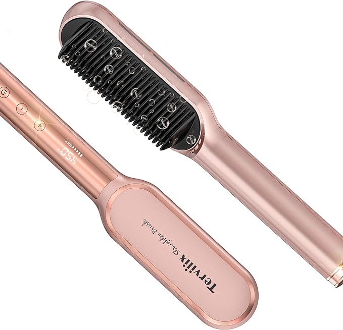 Terviiix Hair Straightener Brush, Ceramic Ionic Hair Straightening Comb with 13 Temps LCD Display, Dual Voltage, Heat Brush Straightener for Women & Flat Iron Comb for Thick Curly Hair
