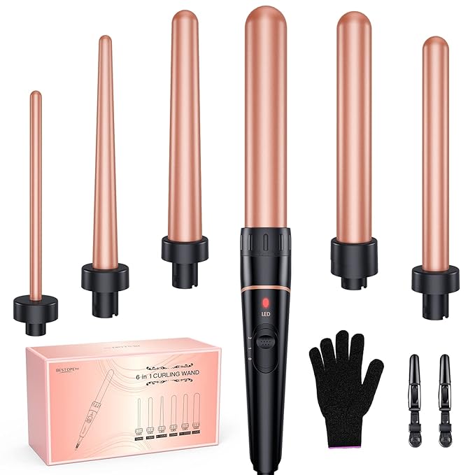 Long Barrel Curling Iron Wand Set, BESTOPE PRO 6 in 1 Curling Wand Set with Ceramic Barrel for Long/Medium Hair, 0.35"-1.25" Interchangeable Hair Wand Curler, Dual Voltage, Include Glove & Clips