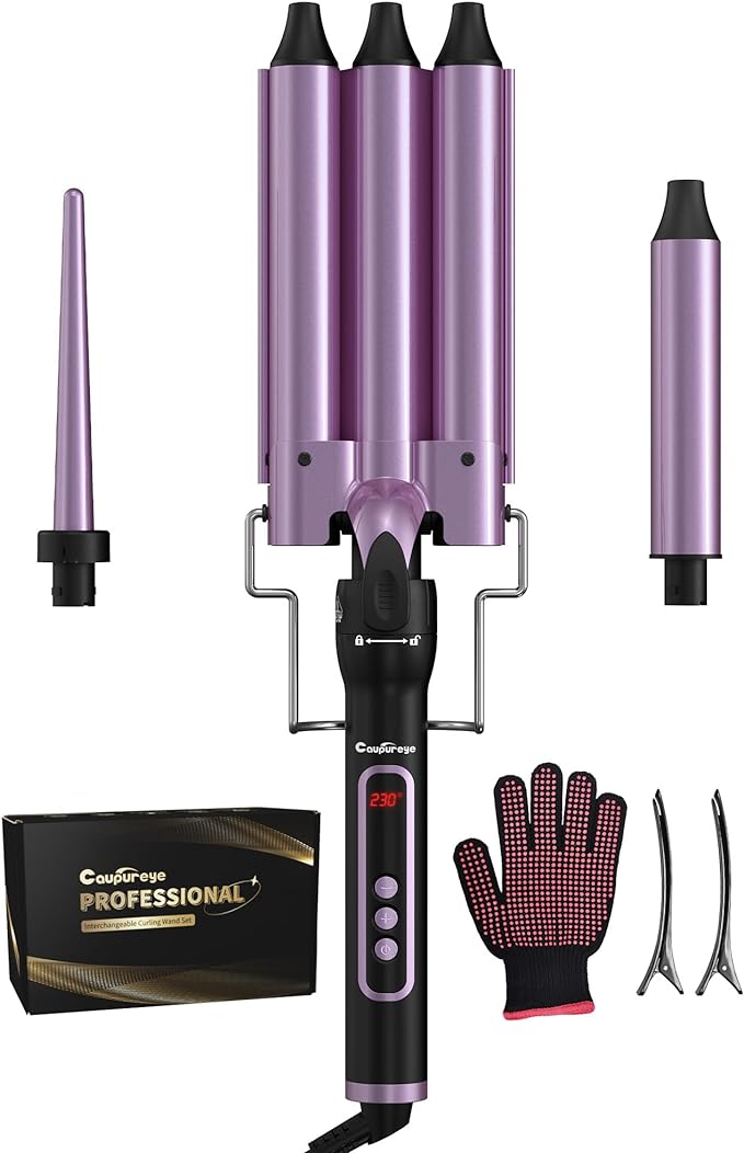 3 in 1 Curling Iron with LCD Temperature Display, 3 Barrel Curling Wand with Dual Voltage, Ceramic Fast Heating Hair Curlers, Create Beachy Waves & Long-Lasting Natural Waves for All Hair Lengths