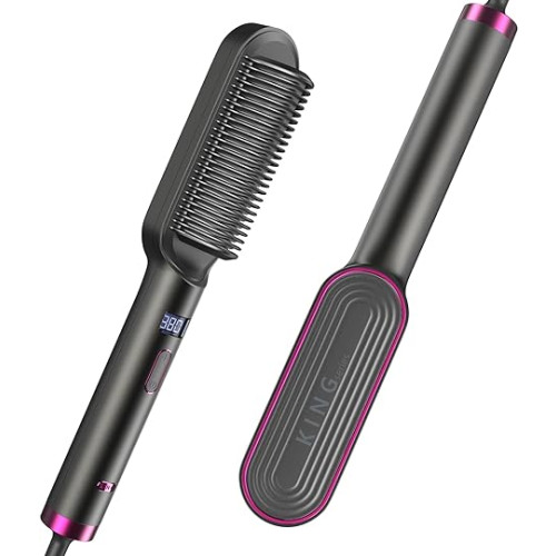 Hair Straightener Brush-Negative Ion Hair Straightener Styling Comb, 9 Temps 30s Fast Heat Straightening Brush with Hot Comb&Led Display, Straightening Comb for Women Curl, Auto Off&Anti Scald-Gray