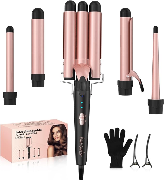 Hair Curling Iron, 5 in 1 Curling Wand Set with 3 Barrel Hair Crimper, Instant Heat Up Hair Curler with 5 Interchangeable Ceramic Barrels, Adjustable Temp & Heat Protective Glove for All Hair Types