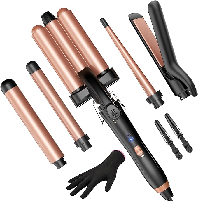 5 in 1 Wand Curling Iron-Kinked Curling Wand Set with Flat Iron Hair Straightener, 3 Barrels Hair Crimper, 3 Ceramic Curling Irons (0.35