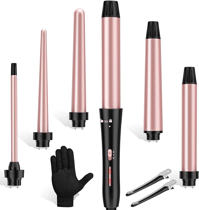 Curling Iron Set, USHOW 6 in 1 Curling Wand Set Hair Iron Kit Instant Heat Up Hair Curler with 6 Interchangeable Tourmaline Ceramic Barrels (0.35'' to 1.25'') Temperature Adjustments, with Gloves