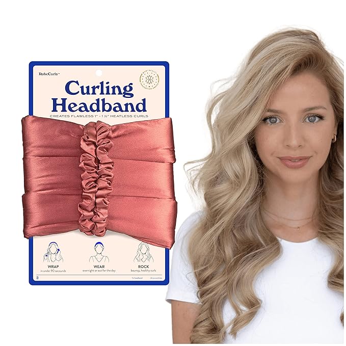 RobeCurls Satin The Original Heatless Curling Rod Headband Hair Accessories For Women — Includes 2 Scrunchies (Rose)