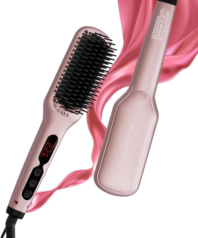 Hair Straightener Brush, MegaWise Hair Straightening Comb for All Hair Types with Nano Heating Teeth, Double Anion Technology, MCH 20s Fast Heating & 60-Minute Auto Shut-Off - Gifts for Women
