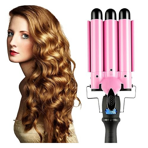 Professional Hair Waver 3 Barrel Curling Iron 32mm Fast Heating Hair Crimper Iron Triple Hair Curler with LCD Display Temperature Adjustable Ceramic Beach Hair Waver Wand for Beachy (1.26Inch (32mm))