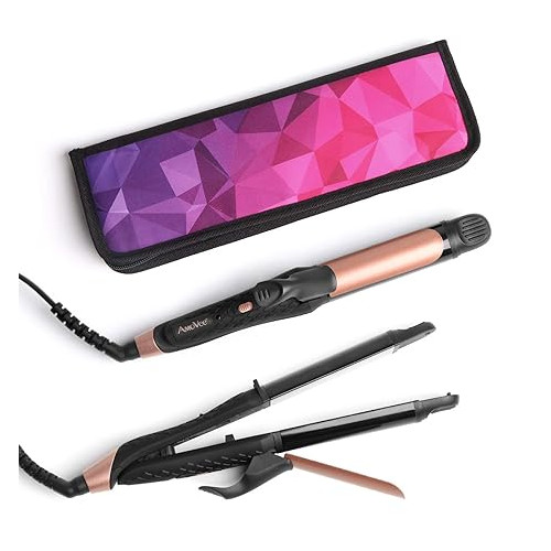AmoVee Travel Curling Iron, 2 in 1 Flat Iron Mini Hair Straightener, Dual Voltage, 1 inch, Carry Bag Included, A Valentines Day Gift for Women (Black)