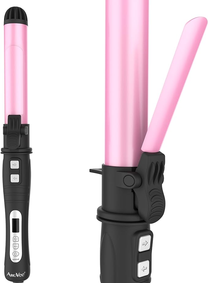 [Upgraded] AmoVee Rotating Curling Iron, 1.25 Inch Auto Ceramic Curling Iron, Adjustable Temps 180 °F to 410 °F, Dual Voltage, A Valentines Day Gifts for Her (Long Clip)