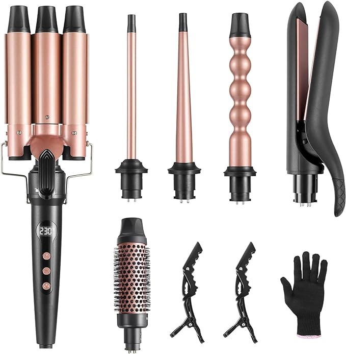 6 in 1 Hair Curling Iron Wand Set PTC Fast Heating Hair Crimper Professional Hair Styling Tools LCD Temp Control with Hair Straightener, Ceramic 3 Barrel Hair Waver Surprise Gift for Women Girl