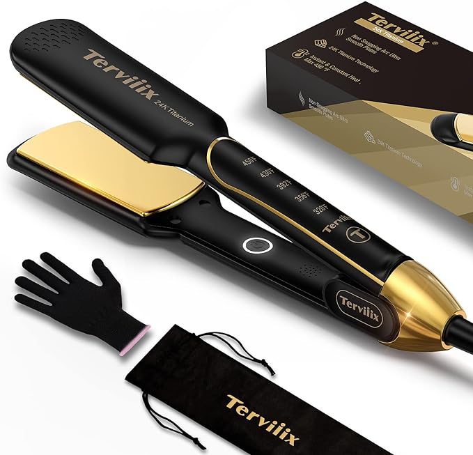 Terviiix 100% Pure Titanium Flat Iron, ARC Non-Snagging Hair Straightener for One Swipe, 24K Salon Wide Straightening Iron for Thick Hair & Black Woman Hair & Curly Hair, Dual Voltage, 1-3/4 Inch
