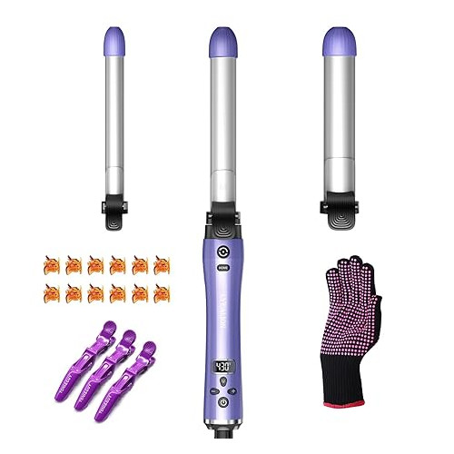 Rotating Hair Curling Iron-Lyealion 3 Interchangeable Heating Iron Barrels Automatic Hair Styling Curler to Create Big Wavy Curls, LCD Display Fast Heat-UP 430°F Ceramic Coating