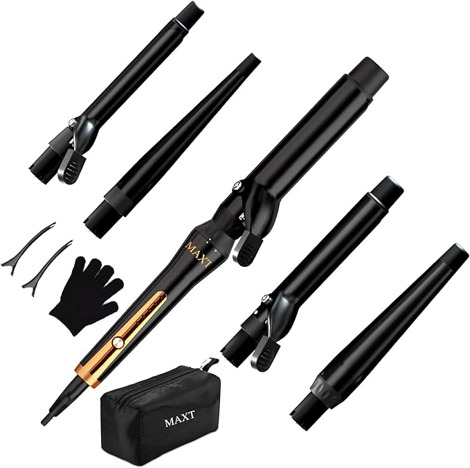 Curling Wands Iron Set, MAXT 5 in 1 Interchangeable Curling Iron,Dual Voltage 0.35-1.25 inch Roating Curling Wand Crimper, 5 Temp Setting Any Hairstyle, Hair Curler Set with Ceramic Tourmaline Coating