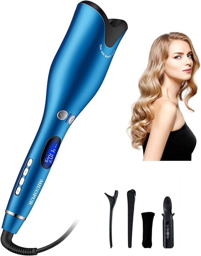 MIUOPUR Automatic Hair Curling Iron with Ceramic Ionic Barrel, Smart Anti-Stuck, Auto Rotating Hair Curling Wand with Temperature Display and Timer, Professional Hair Curler Styling Tool - Blue.