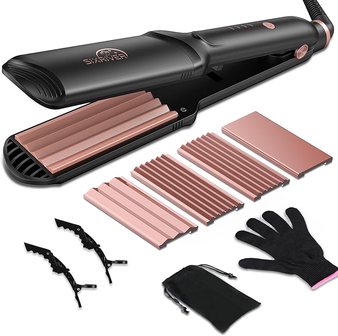 Sixriver Hair Crimper for Women Hair Waver Hair Straightener Curling Iron 4 in1 Flat Crimping Iron Plates Ceramic Waver Hair Tool Volumizing Crimper with 15s Fast Heating (Rose Gold)