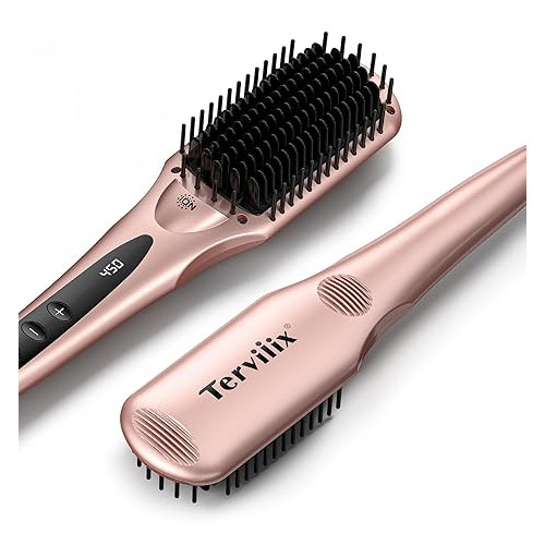 Terviiix Hair Straightener Brush, Ceramic Ionic Heated Straightening Brush Flat Iron for Smooth, Anti-Scald Straightener Comb with Dual-Voltage, 15 Temp Settings Hot Brush for Styling, Auto-Off