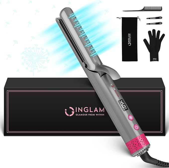 IG INGLAM Fan 360° Airflow Styler Curling Iron 1 Inch, Curling Wand Lock Hair Style Hair Straightener and Curler 2 in 1, LCD Display Adjustable Temp Negative Ionic Travel Dual Voltage 110V -240V,Grey
