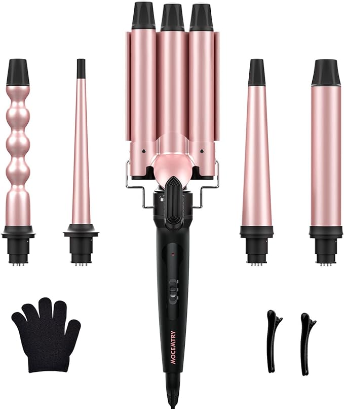 Wand Curling Iron, Curling Wand Set, MOCEMTRY Professional 5 in 1 Hair Curling Hair Iron with Interchangeable Barrels, Instant Heating & Adjustable Temperature, Gift for Women