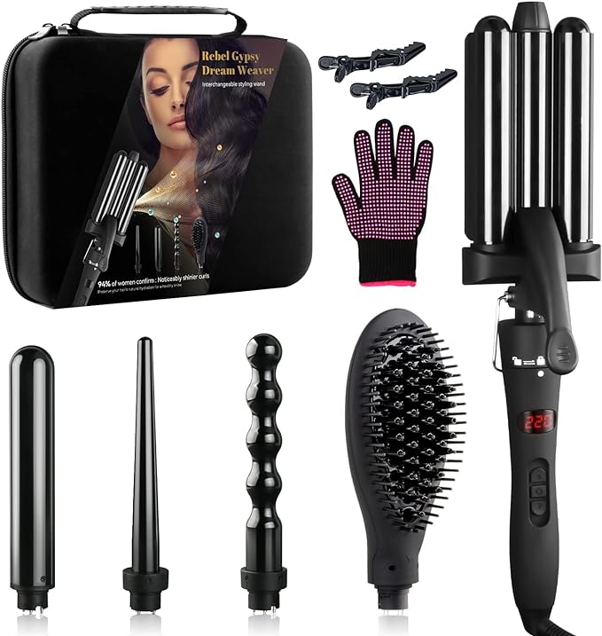 Curling Iron Set 5 in 1 Curling Wand Beach Hair Waver Curling Iron & 3 Interchangeable Barrel with Hair Straightener Comb, Hot Tools Curling Iron with PTC Instant Heat Up & Intelligent LED Display